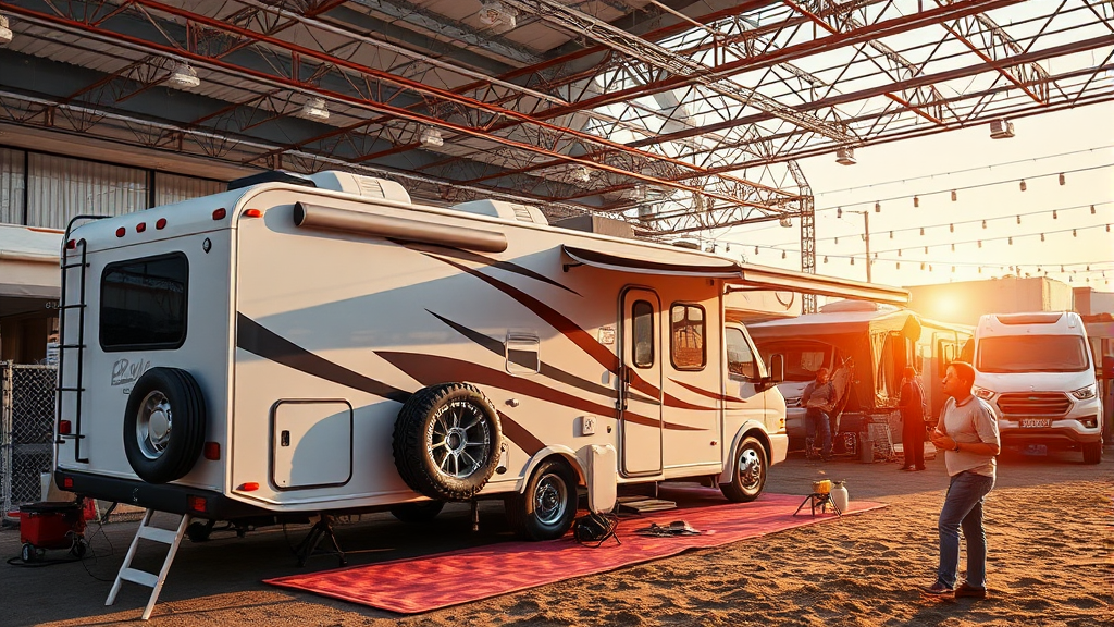 주요 전시 품목: 캠핑카부터 최신 장비까지 (realistic 스타일)