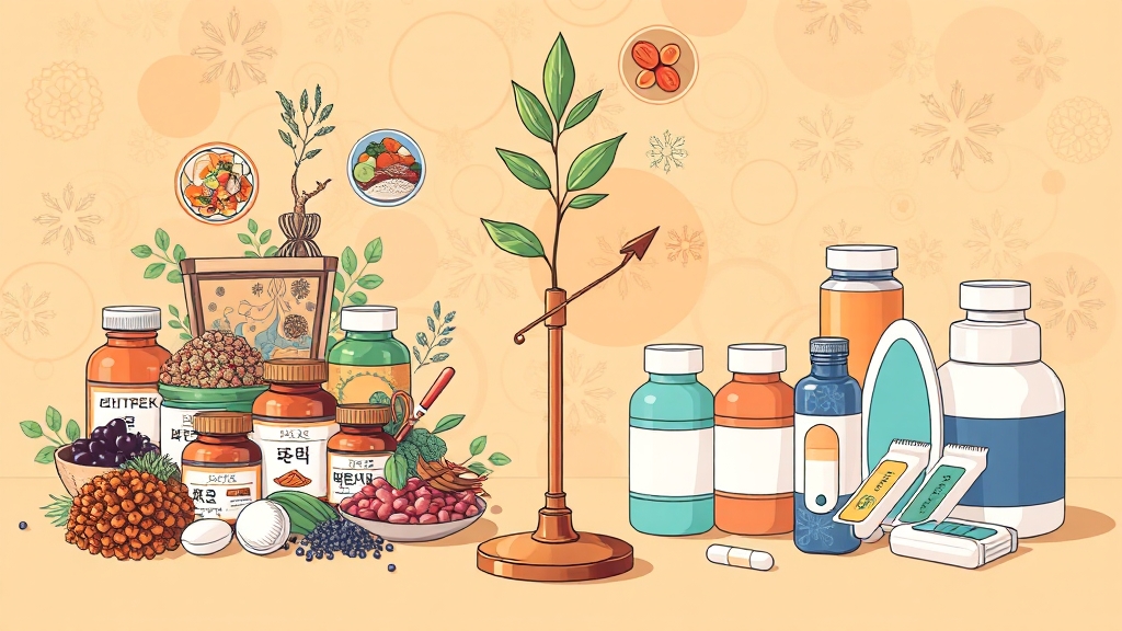 한약 vs 양약, 장단점 비교 (illustration 스타일)