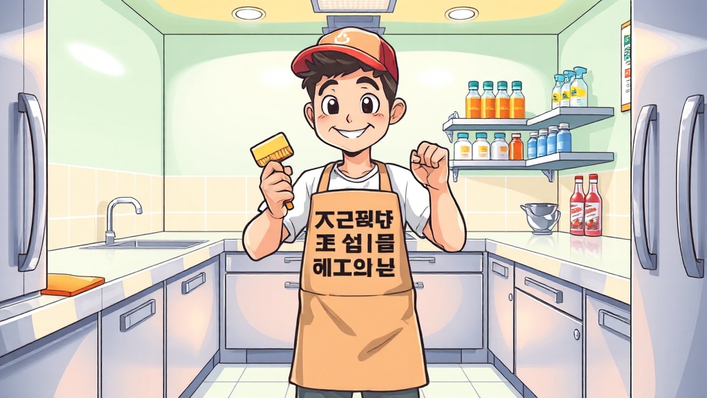 청소 후 살균 & 주의사항 (cartoon 스타일)
