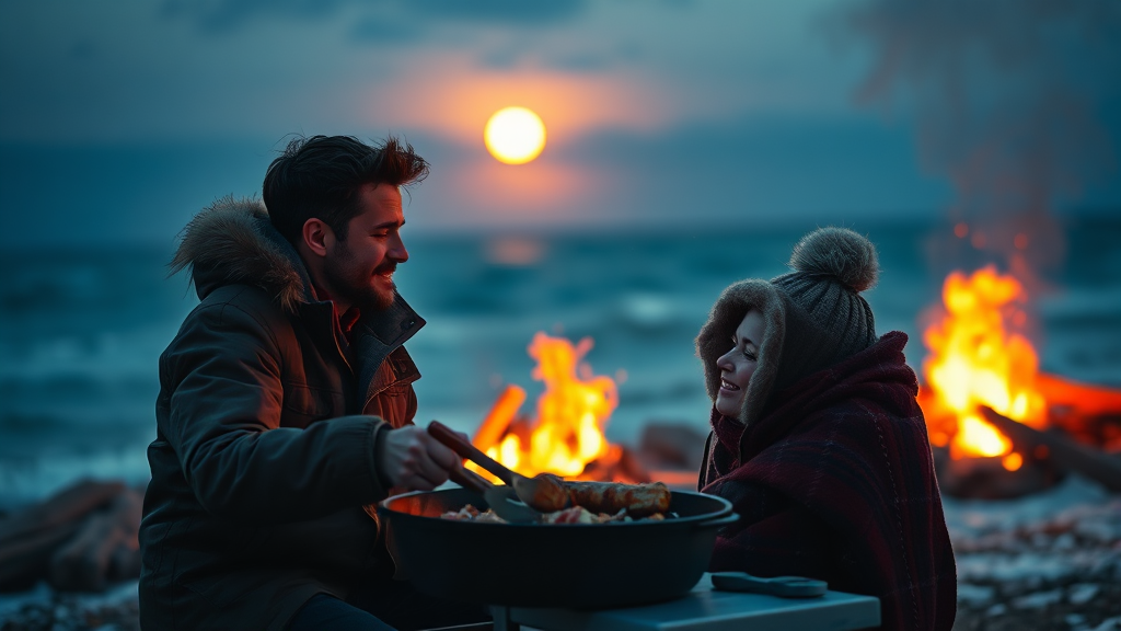 달빛 모닥불 존: 따뜻한 불 앞에서 즐기는 낭만 (realistic 스타일)