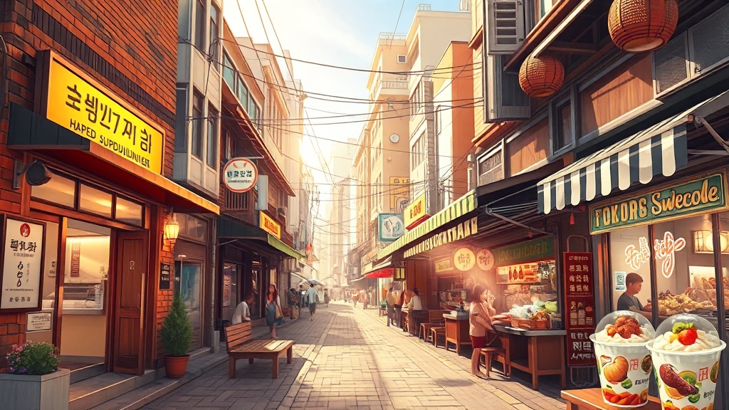 지역별 맛집 지도: 행궁동, 수원역, 영동시장 (realistic 스타일)