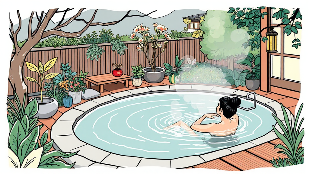 온천 시설: 노천탕 & 대중탕 (illustration 스타일)