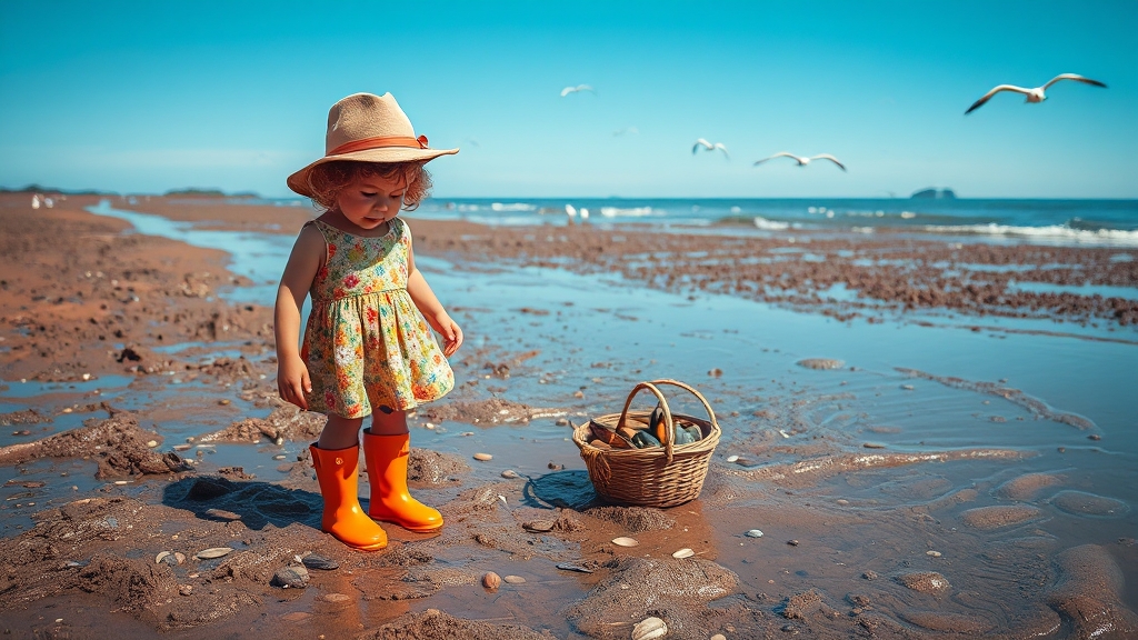 갯벌 체험 준비물 및 주의사항 (realistic 스타일)