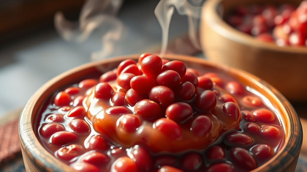 애동지 음식: 팥시루떡과 수수팥떡 (realistic 스타일)