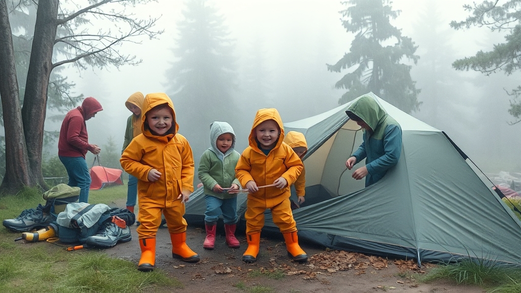 우중캠핑 중 문제 발생? 이렇게 대처하세요! (watercolor 스타일)
