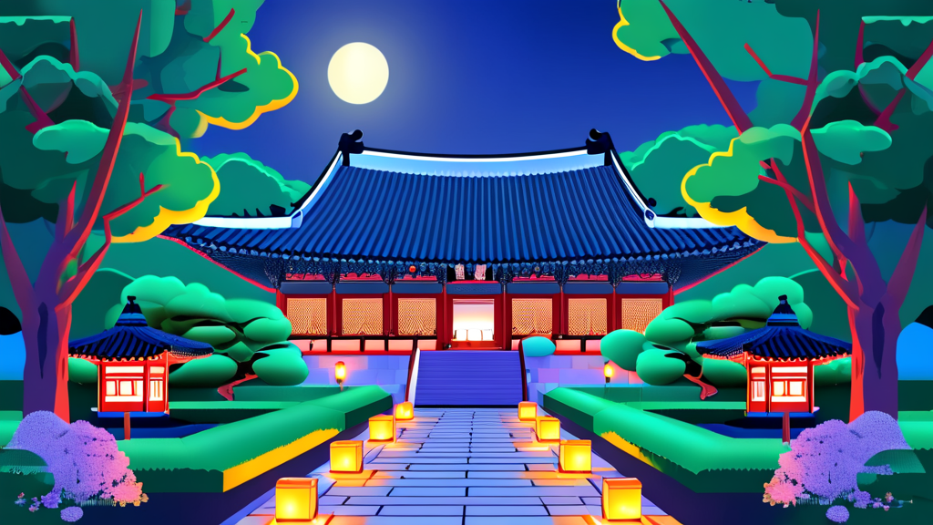 밤에 만나는 창덕궁의 숨겨진 이야기 (illustration 스타일)