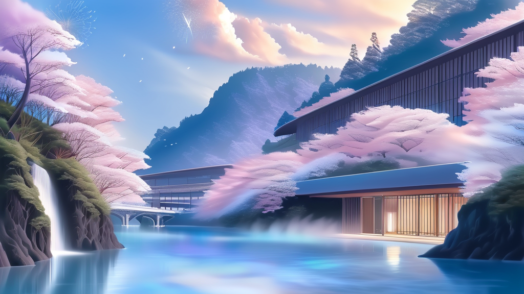 벳푸 리사나 온천 숙소 주변 환경 및 교통 정보 (watercolor 스타일)