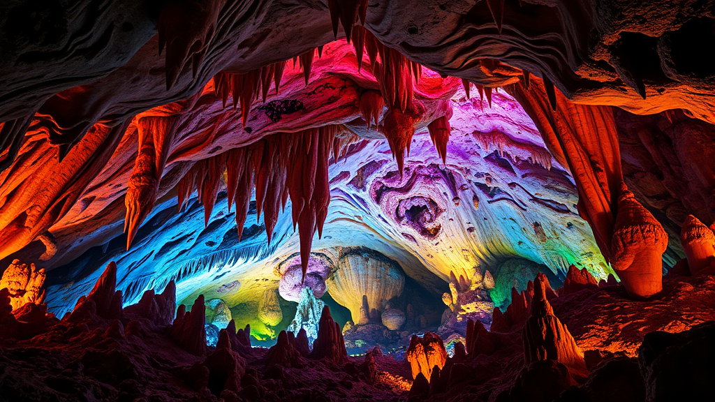 동화 속 풍경: 용연동굴의 다채로운 동굴 생성물 (realistic 스타일)
