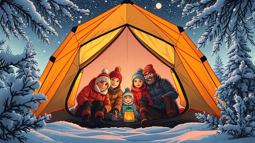 실제 사용 후기 (가족, 겨울 캠핑) (illustration 스타일)