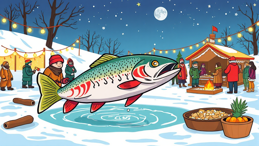 송어 낚시 & 맨손 잡기 체험 (cartoon 스타일)