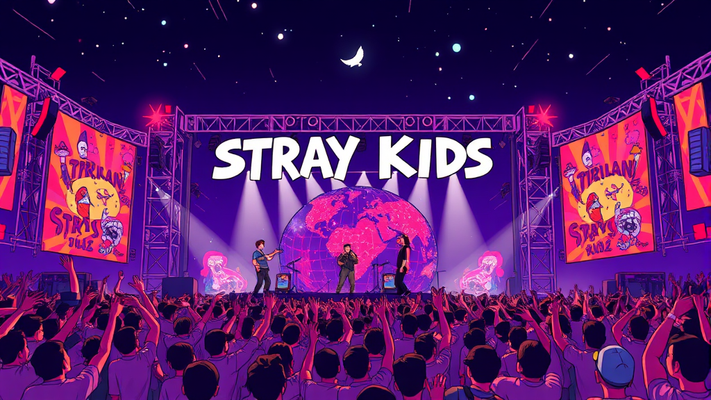 월드투어와 페스티벌: 스트레이 키즈의 거침없는 행보 (illustration 스타일)