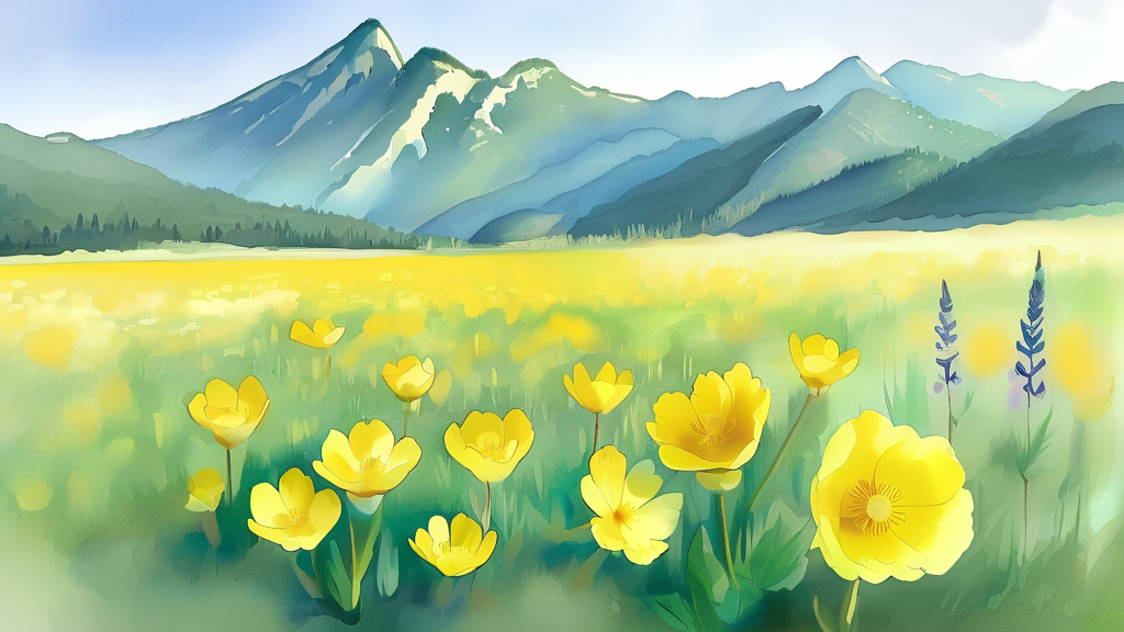 산방산 유채꽃 개화 시기 (watercolor 스타일)