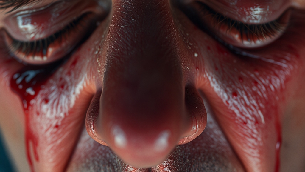 주요 증상: 코막힘, 코피, 얼굴 부종 (realistic 스타일)