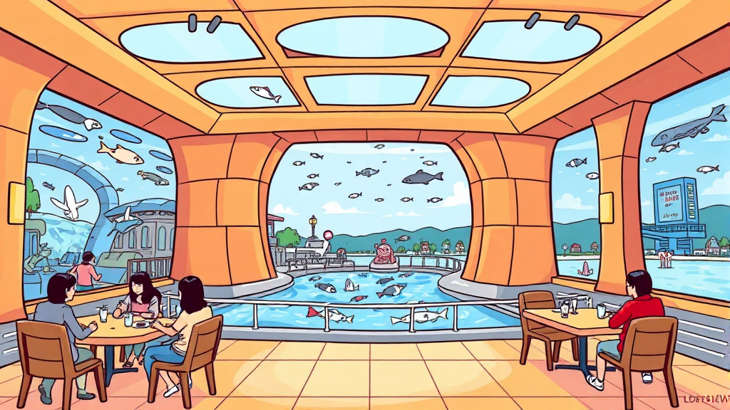 롯데월드 아쿠아리움 주변 맛집 및 주차 정보 (cartoon 스타일)