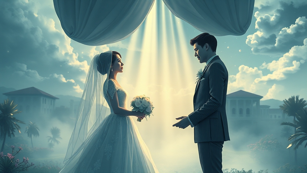 상황별 결혼 꿈 해몽: 낯선 사람, 연인, 가족 (illustration 스타일)