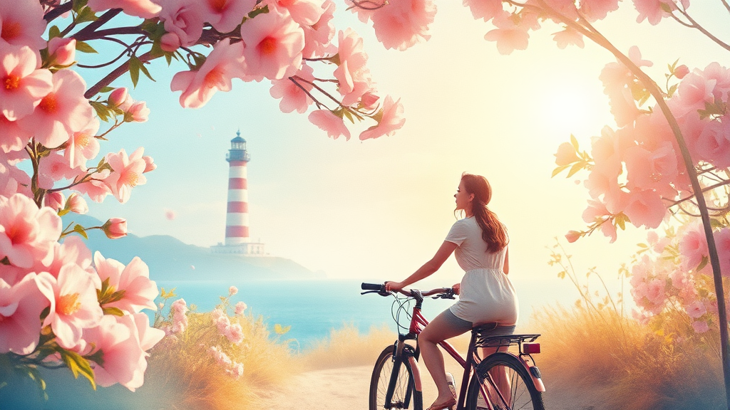 오동도: 동백 섬 자전거 여행 (watercolor 스타일)