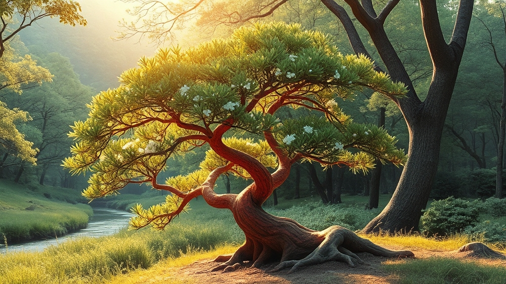 예덕나무의 역사와 분포 (realistic 스타일)