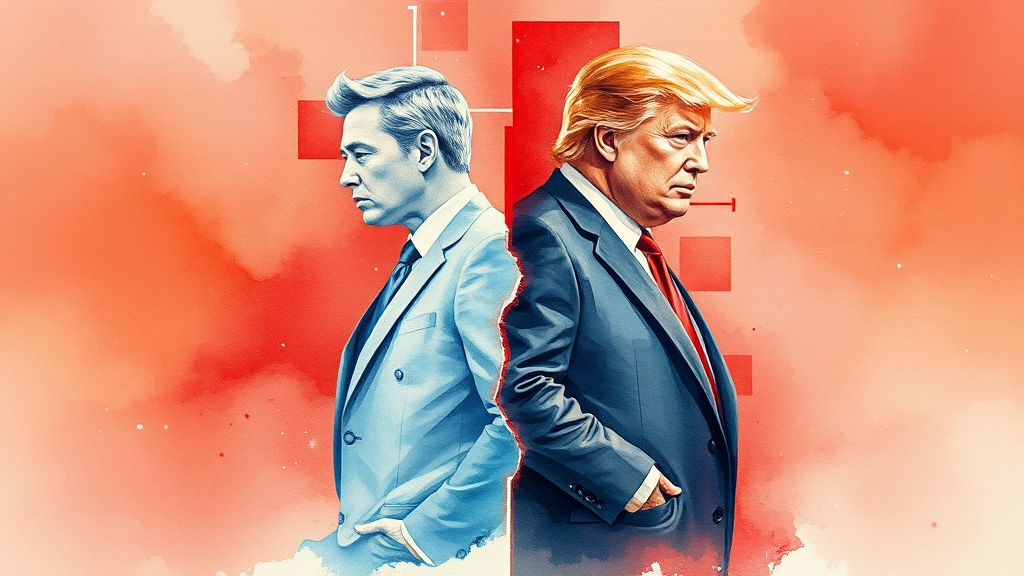 머스크와 트럼프 관계 변화 (watercolor 스타일)