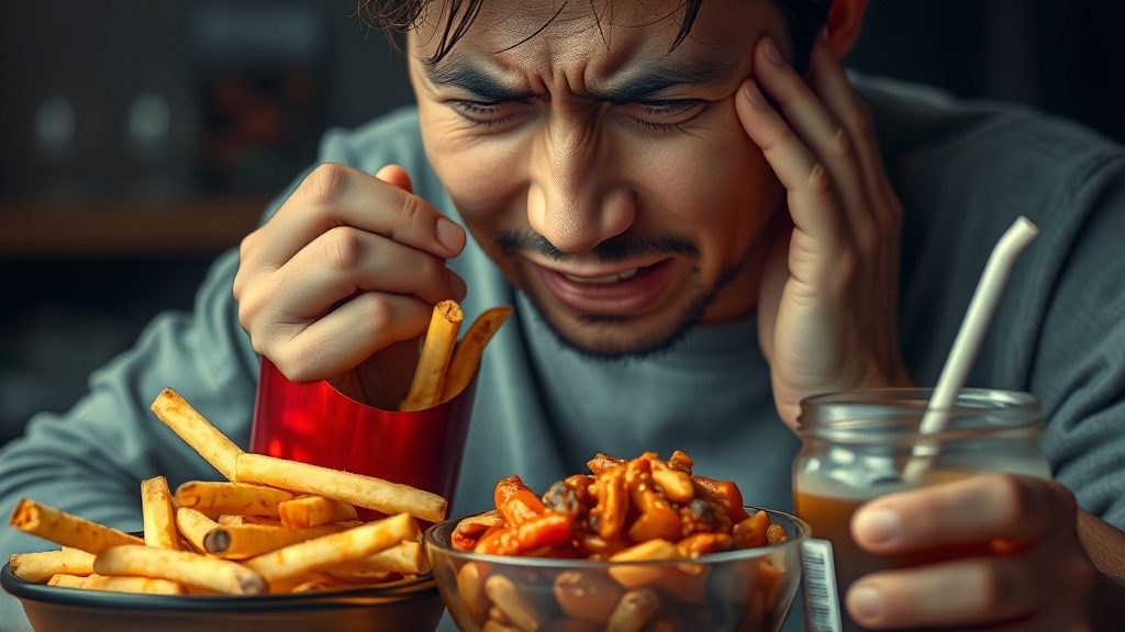 소화불량 시 피해야 할 음식 (realistic 스타일)