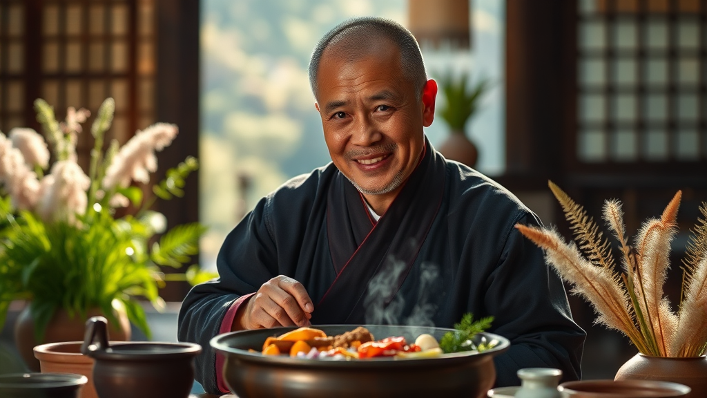 사찰 음식의 깊은 맛과 건강, 정관 스님의 특별한 경험 (realistic 스타일)