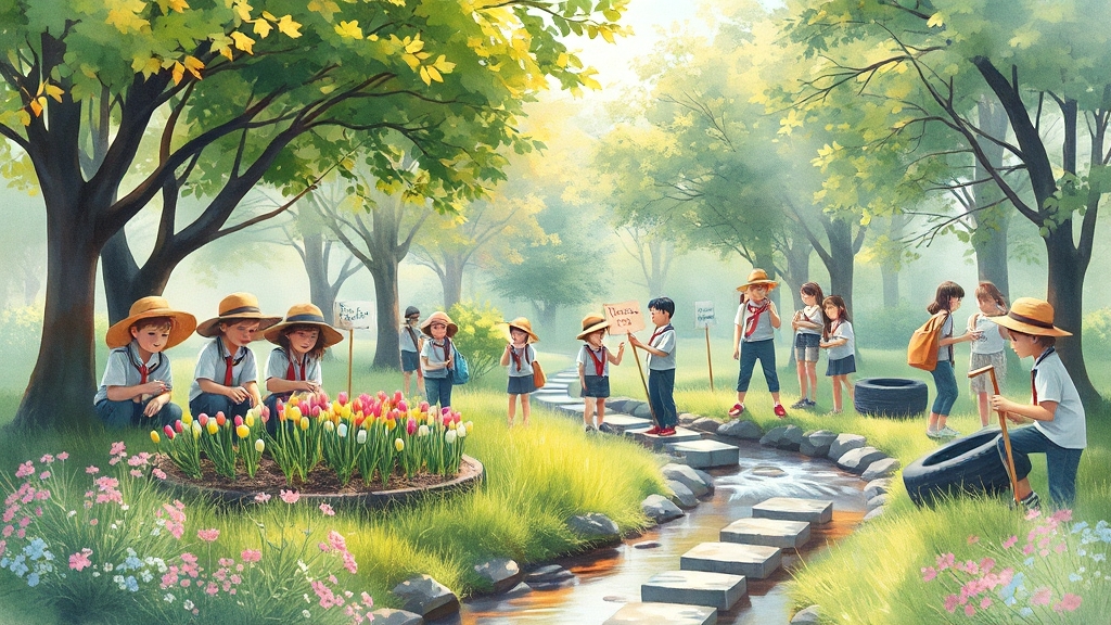 학교 환경 보호 교육 (watercolor 스타일)