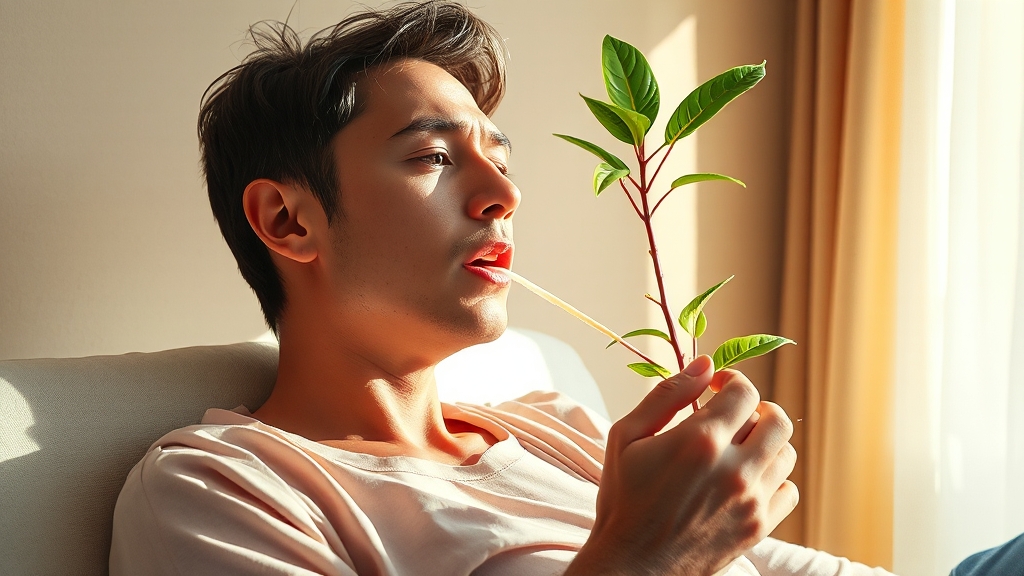 맥문동 주요 효능: 기침, 가래, 기관지 (realistic 스타일)