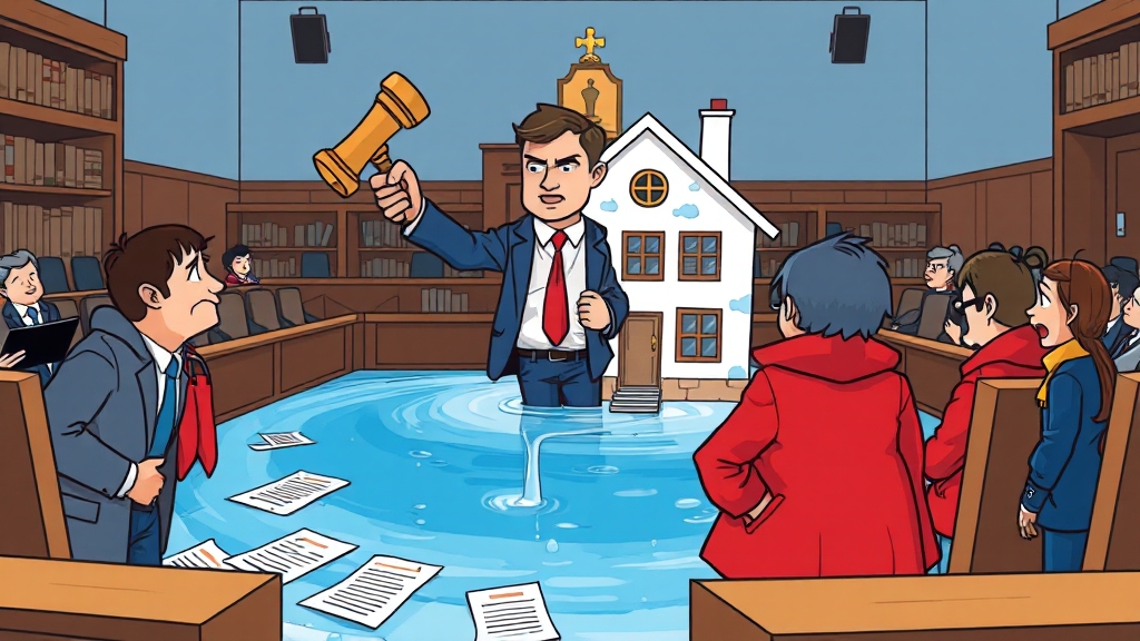 누수 발생 시 책임 소재와 분쟁 해결 (cartoon 스타일)