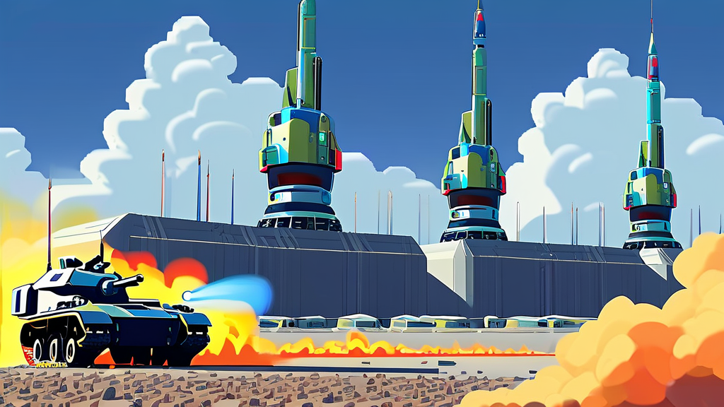 산업 및 기술: 방산 매각 검토와 AI 모멘텀 지속 (cartoon 스타일)