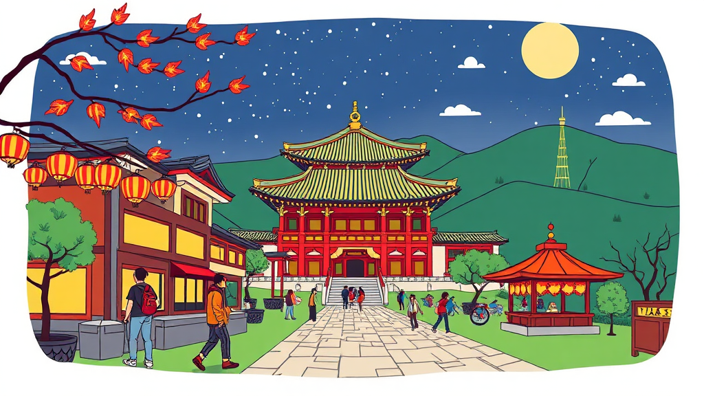 축제 즐기기 A to Z: 교통, 숙박, 추천 코스 (cartoon 스타일)