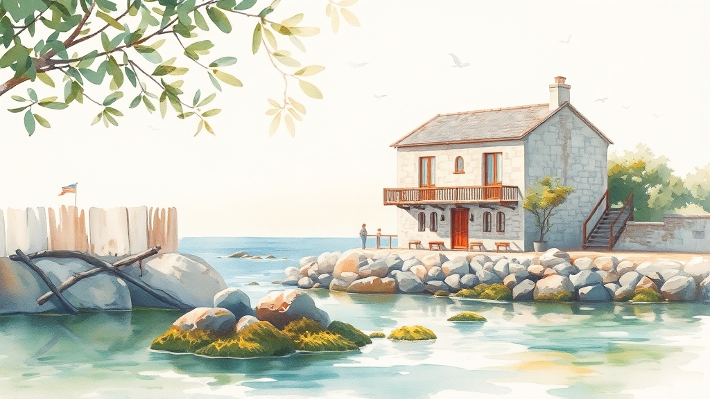 숙소 시설 및 특징 (watercolor 스타일)