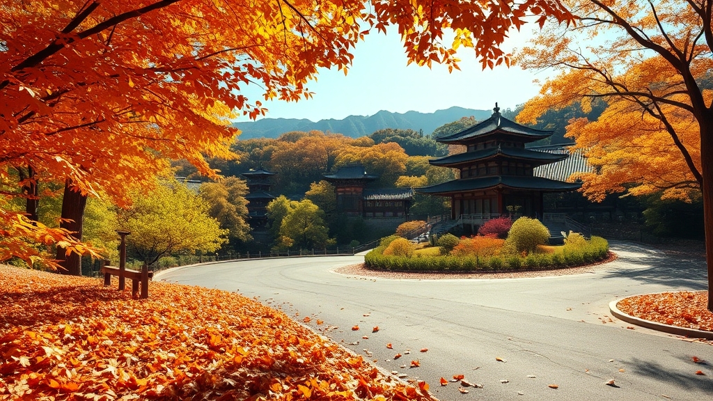 사찰 주변 풍경 및 편의 시설 (realistic 스타일)