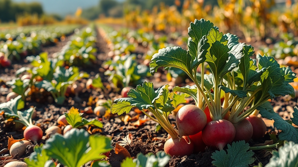 김장 무 심는 방법: 밭 만들기부터 관리까지 (realistic 스타일)