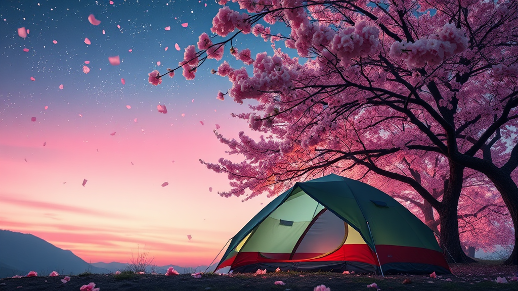 봄날의 낭만, 벚꽃 아래 캠핑 즐기기 (realistic 스타일)