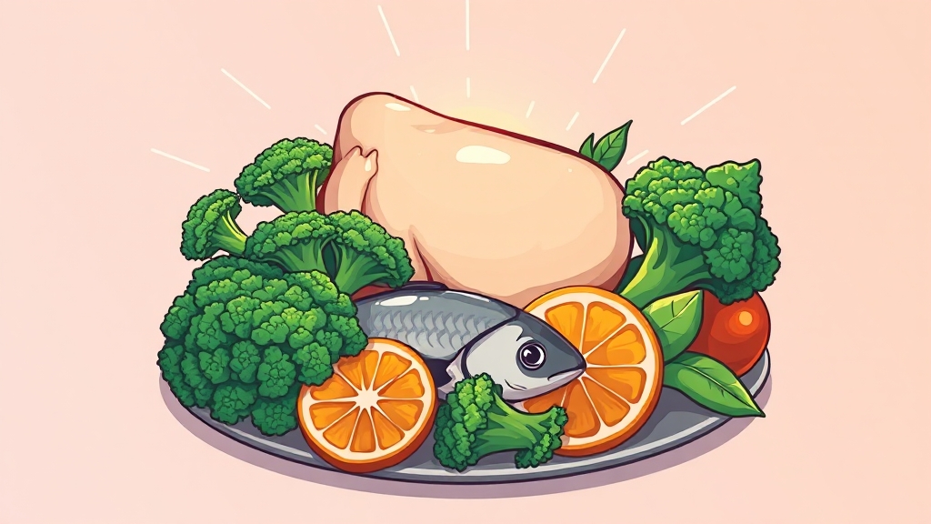 영양소 섭취와 면역력 강화 (cartoon 스타일)