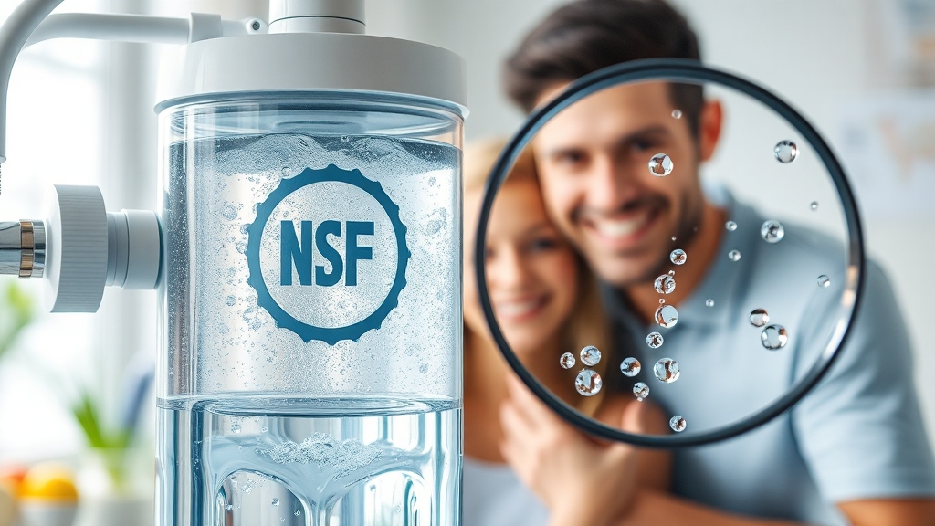 정수기 필터에 찍힌 NSF 인증 마크를 확인하는 모습