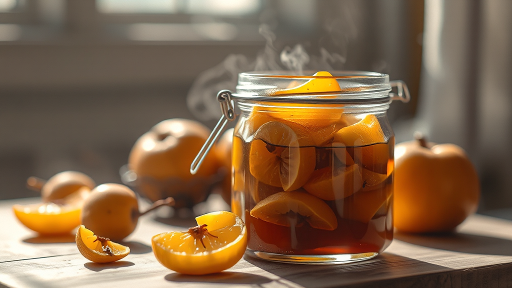 모과청 숙성 및 섭취 시 주의사항 (realistic 스타일)