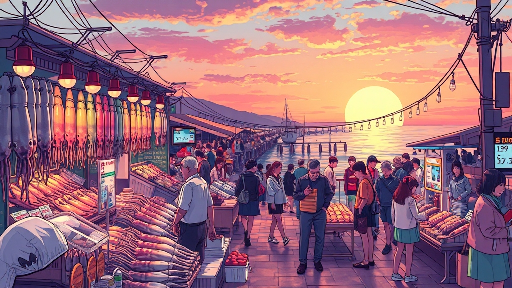 오징어 시세, 영업시간 등 방문 정보 (illustration 스타일)