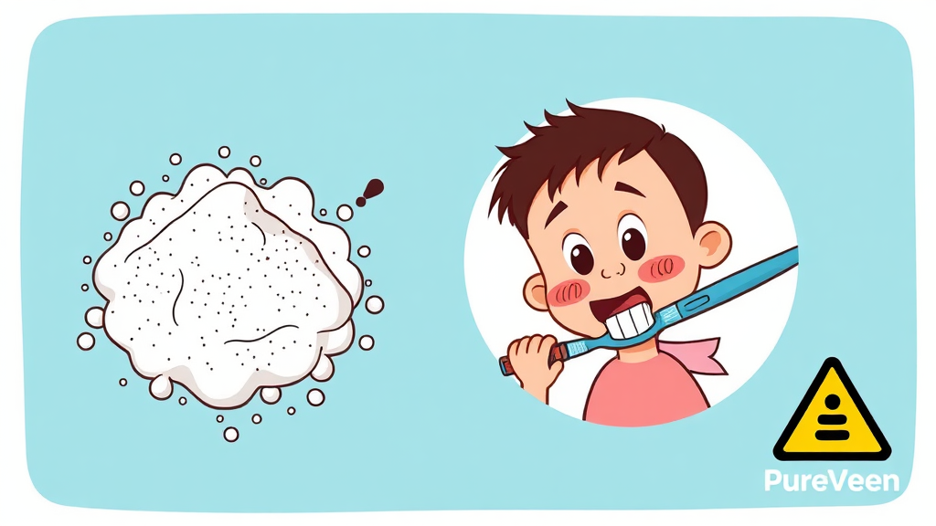 퓨리븐 가루치약 사용 시 주의사항 (cartoon 스타일)