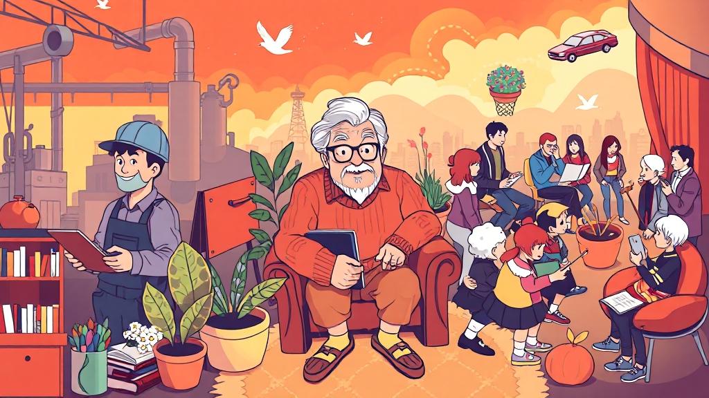 100세 시대, 사회 변화와 개인의 역할 (cartoon 스타일)