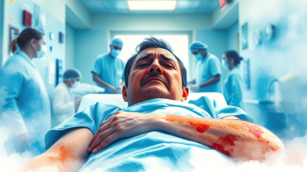 해파리 쏘임 후 병원 방문 필요 (watercolor 스타일)