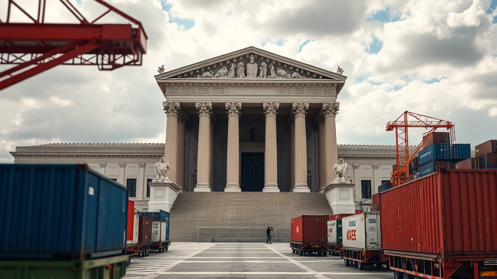 국제비상경제권한법(IEEPA) 서류와 관세 부과를 의미하는 컨테이너 항구 배경의 합성 이미지