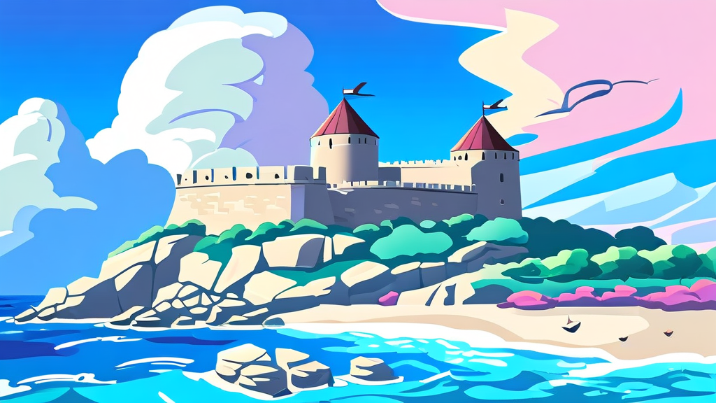 바람의 언덕과 매미성, 거제도의 아름다운 해안 절경 (cartoon 스타일)