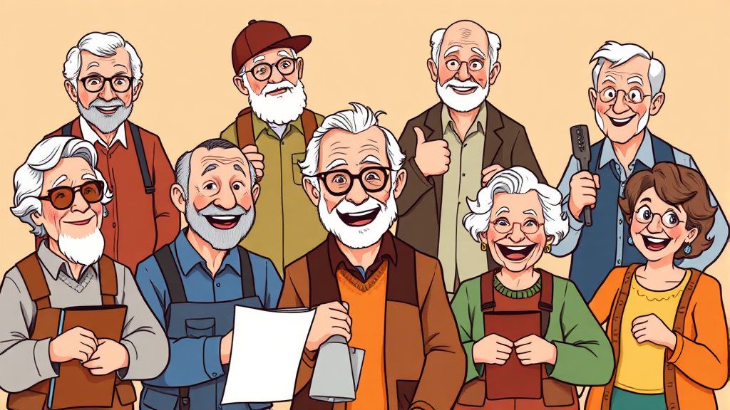 시니어 일자리 종류 및 유형 (cartoon 스타일)