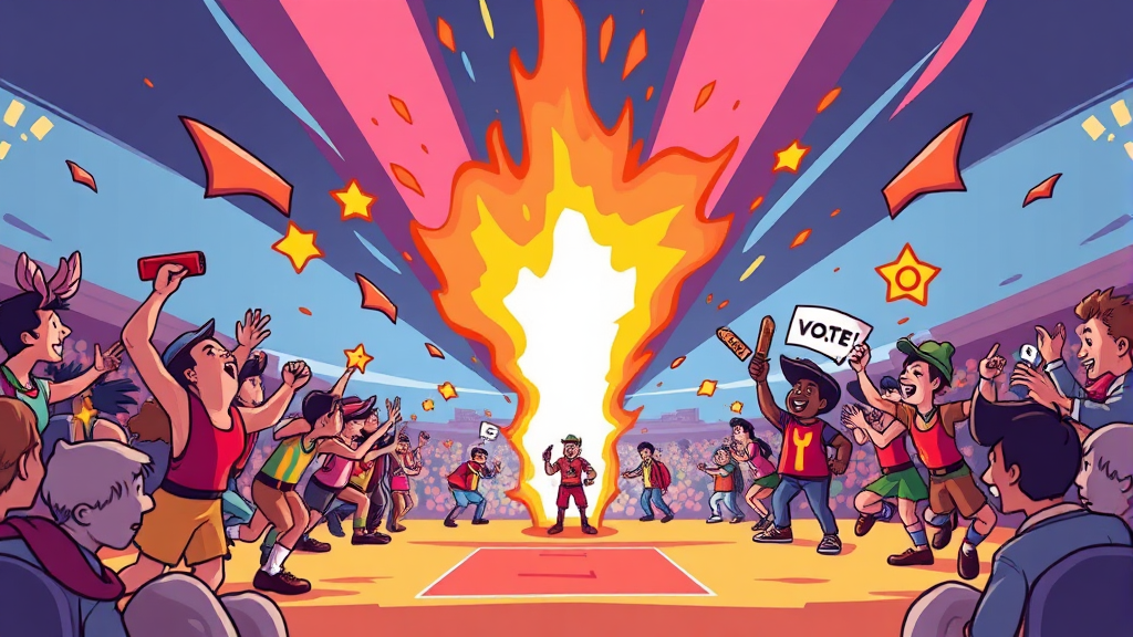 결승전 투표 전략: 길려원을 응원하는 팬들의 움직임 (cartoon 스타일)