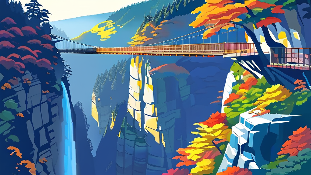 재인폭포 둘레길 및 출렁다리: 새로운 탐방 경험 (cartoon 스타일)