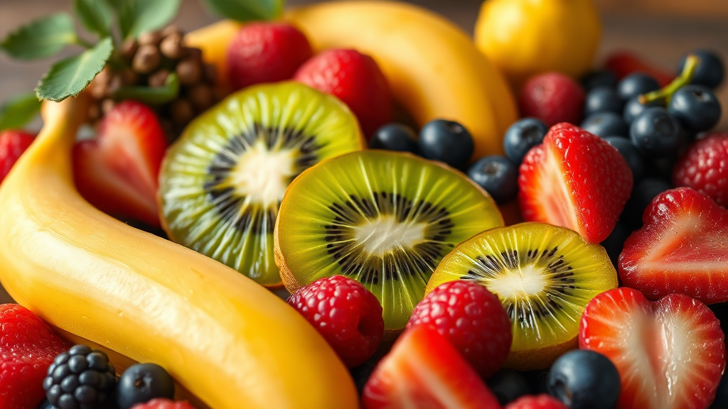 키위, 바나나, 베리류: 장내 유익균 증진의 비밀 (realistic 스타일)