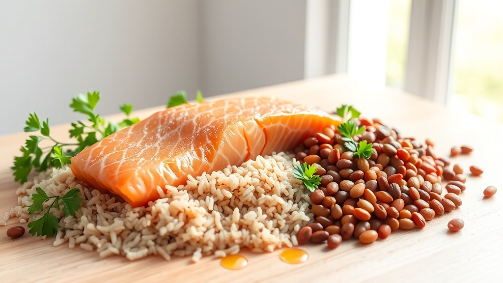 혈당 관리에 좋은 음식: 곡물, 생선, 콩류 (realistic 스타일)