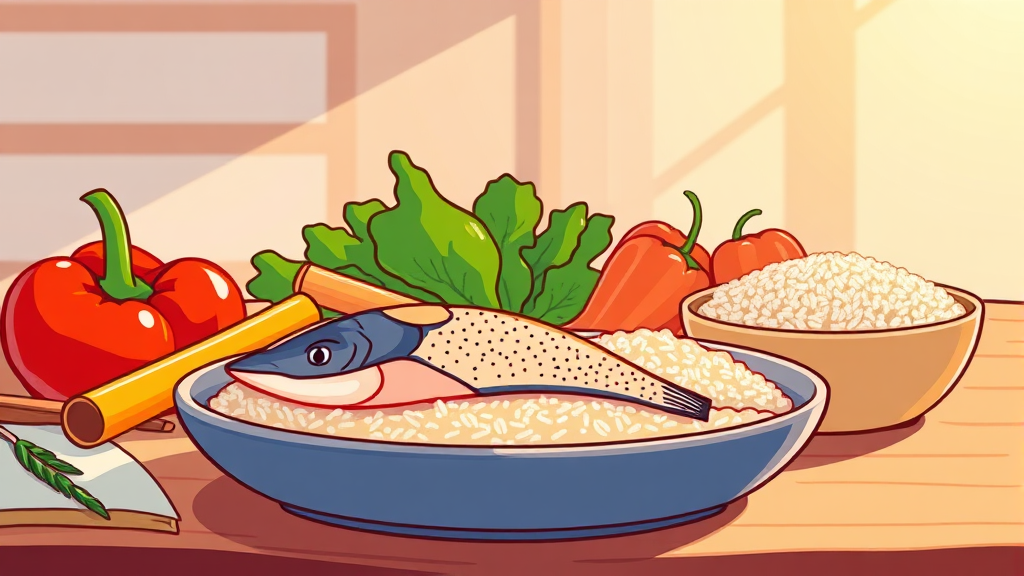 등푸른 생선, 채소, 통곡물: 콜레스테롤 낮추는 슈퍼푸드 (illustration 스타일)