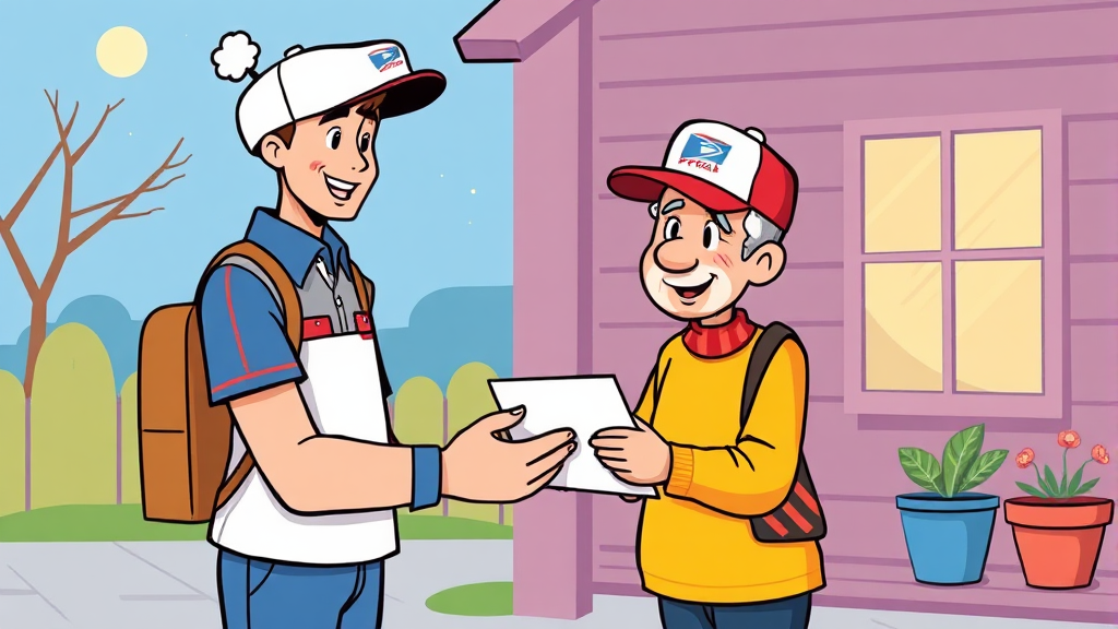 안부살핌 우편서비스: 홀몸 어르신을 위한 따뜻한 연결고리 (cartoon 스타일)