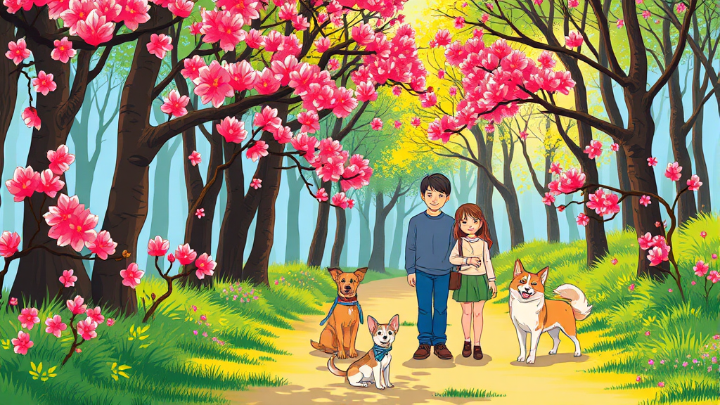 진주 매화숲, 봄날의 추억을 담는 특별한 방법 (cartoon 스타일)